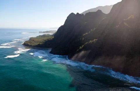View from helicopter down to the Na Pali Coast in Kauai, Hawaii with beautifu Stock Photos