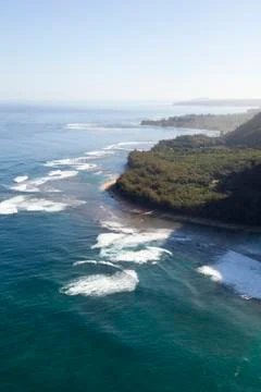 View from helicopter down to Tunnels Beach and Haena Beach in Kauai, Hawaii. Stock Photos