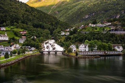 View of Hellesyltfossen, a waterfall in Hellesylt, Norway. Stock Photos