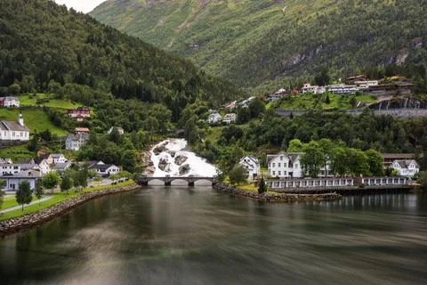 View of Hellesyltfossen, a waterfall in Hellesylt, Norway. Foto stock