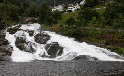 View of Hellesyltfossen, a waterfall in Hellesylt, Norway. Stock Photos