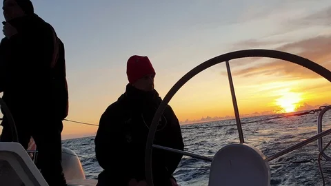View of the helm wheel with the background of a winter sunset Stock Footage 120745536