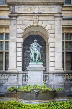 View on Hendrik Conscience statue on city library and Hendrik Concienceplei.. Stock Photos