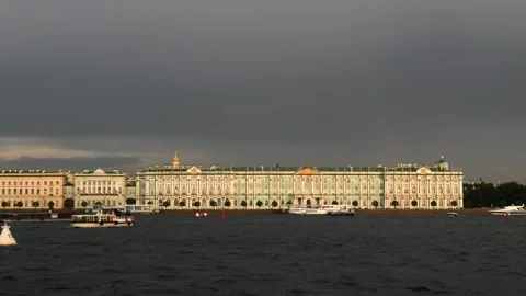 View of the Hermitage Museum complex from a cruise boat, Saint Petersburg Stock-Footage 289076811