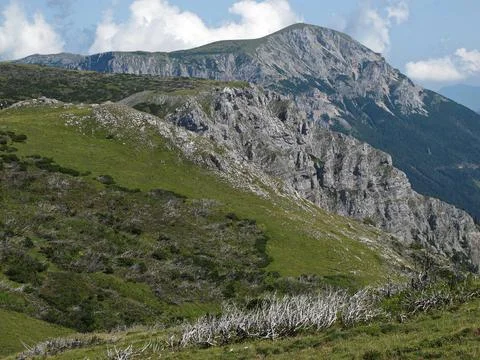 View of the Heukuppe, the highest mountain of the Rax from the Schneealpe Stock Photos