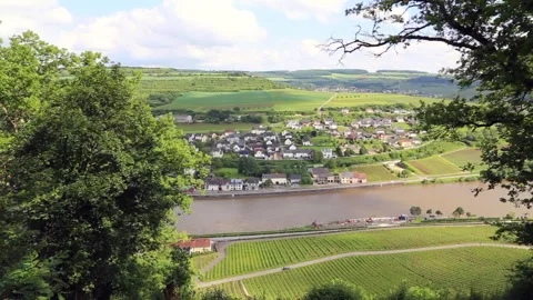 View from high above Moselle River onto vineyards in Grevenmacher Stock Footage 287239087