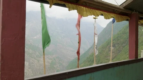 View from high-altitude monastery in Nepal, village Prok, Manaslu circuit trek. Video stock 91614737