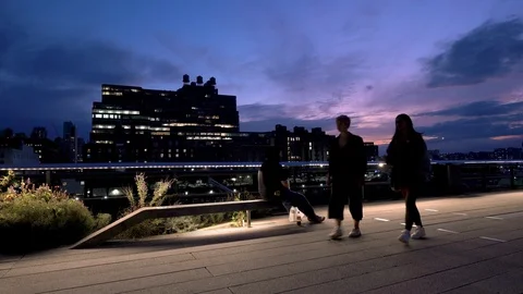 View of the High Line Park elevated walkway in the evening in New York City Stock Footage 127944137
