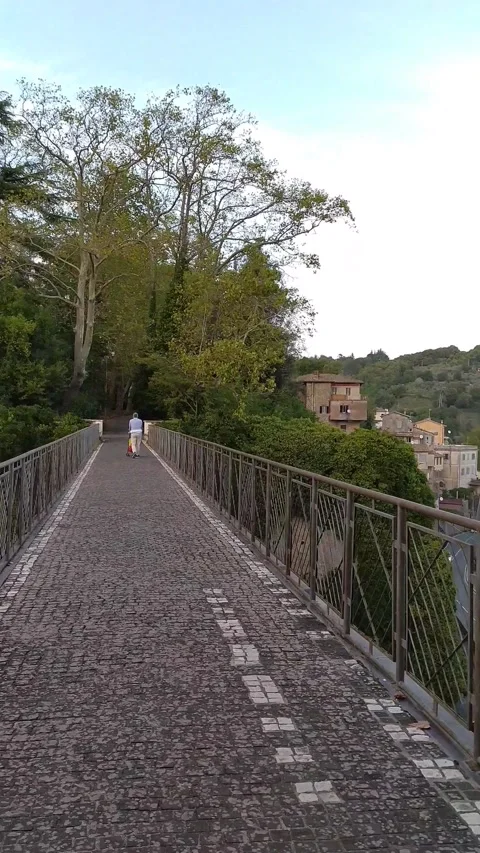 View from a high medieval bridge of the castle of Genazzano Romano Vídeo Stock 140885635