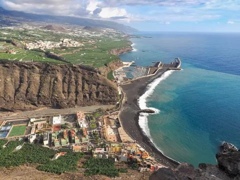 View from a high mountain down to "Puerto de Tazacorte" Stock Photos