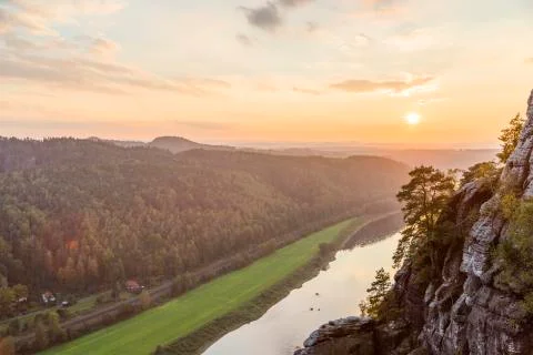 View from high mountain to narrow river in the forest Stock Photos