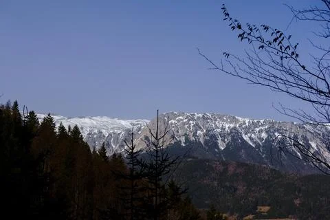 View to high mountains with snow while hiking in the winter Stock Photos
