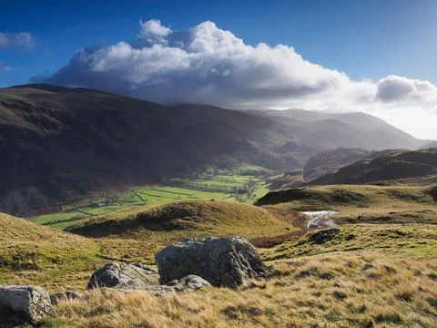 View from High Rigg over St Johns in the Vale under cloudy sky, Lake District Foto stock