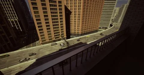 View from high rise balcony overlooking busy city street during daytime Ilustração Stock