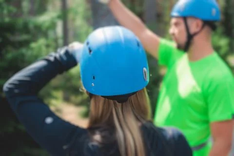 View of high ropes course, process of climbing in amusement acitivity rope pa Stock Photos