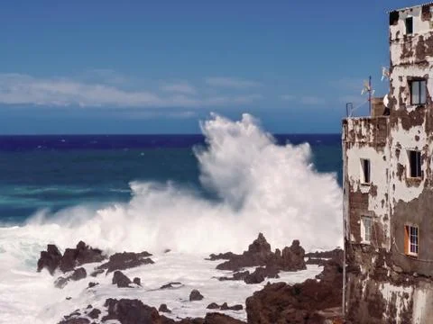 View of high spray waves on the Atlantic Ocean on Tenerife in the north Stock Photos