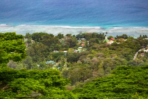 View from the highest point of La Digue, Nid d'Aigle down to the coast Stock Photos