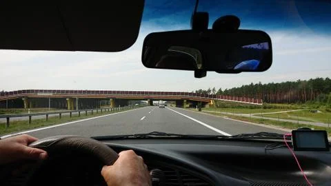 View of the highway and the bridge from the driver's seat Stock Photos