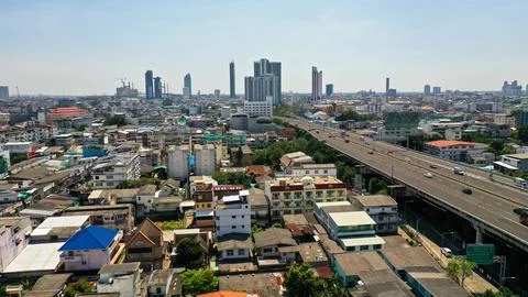 View of highway moving forward road with Bangkok cityscape scene Stock Photos