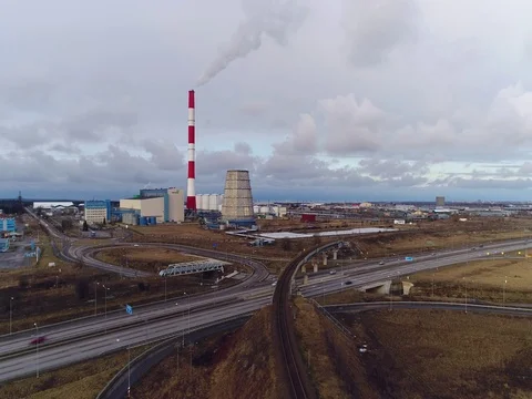 View of the highway, powerstation and pipe smoke. Stock Footage 73149955