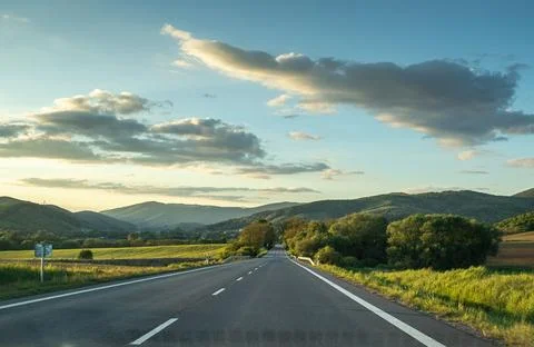 View of the higway from car.Beautiful spring landscape.High quality photo. Stock Photos