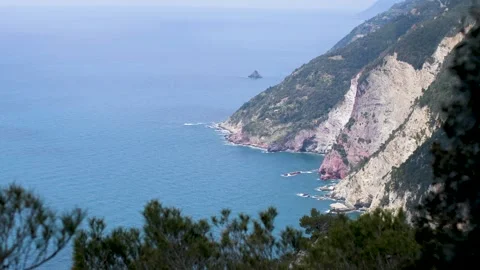 View from hiking trail on Monte Muzzerone on the cliffs of Cinque Terre Stock Footage 252268003