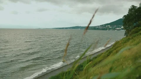 View from hill across wind-blown grass to blurred view of sea bay Video stock 318953563