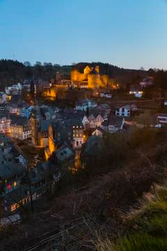 View from a hill over the beautiful Eifel village Monschau with its castle an Fotos Stock