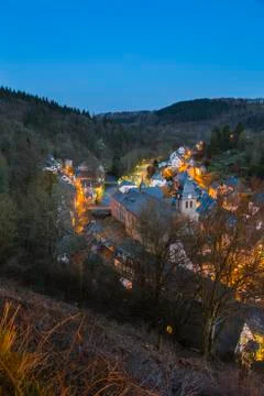 View from a hill over the beautiful Eifel village Monschau at the river Rur a Fotos Stock