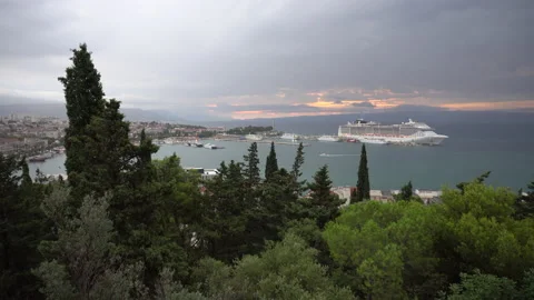 View from the hill on rainy cloudy sunrise morning Split, Croatia - 4K, Audio Stock Footage 168312935