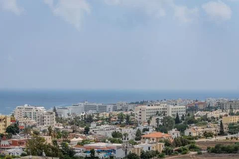 View from the hill to the rooftops of Protaras and the sea Stock Photos