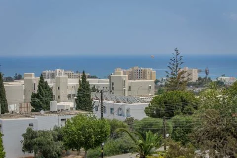 View from the hill to the rooftops of Protaras and the sea Stock Photos