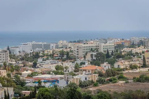 View from the hill to the rooftops of Protaras and the sea Stock Photos