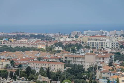 View from the hill to the rooftops of Protaras and the sea Stock Photos