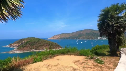 View from the hill to a small island surrounded by yachts. Video stock 243280086