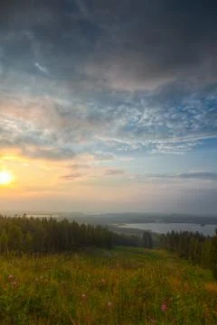 View from a hill at sundown Stock Photos