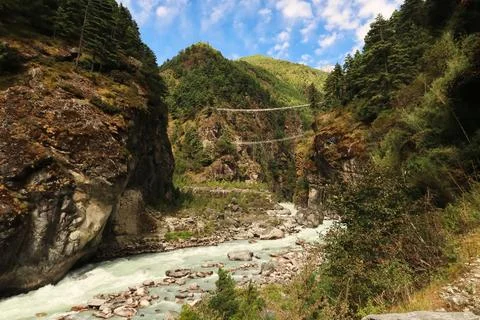 View onto the Hillary suspension bridge, a double suspension bridge over th.. Stock Photos