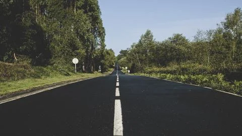 View on a hilly road through forest and landscape in Galicia, Spain Stock Photos