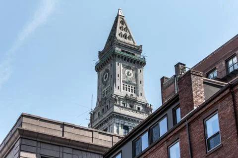 View of the historic Custom House skyscraper clock tower in skyline of Boston Stock Photos