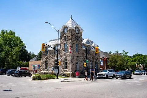View of historic downtown Elora intersection. Ontario, Canada - July 13, 2026. 写真素材