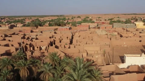 View of the historic mud-brick ksar of Timimoun surrounded by lush palm groves Stock Footage 341258743