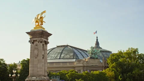 View of historic statues on the Pont Alexandre III bridge in Paris Stock Footage 312038099