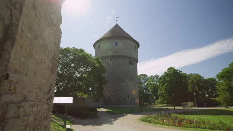View Of A Historic Stone Tower Through An Archway In Tallinn, Estonia Video stock 295077199