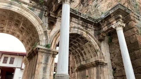 View of historical ancient monument Hadrian`s Gate Uckapilar in old city Stock Footage 130285412