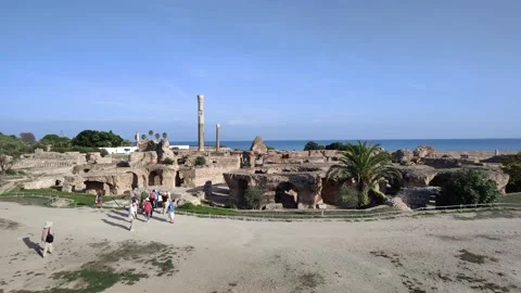 View of the historical landmark The Baths of Antoninus in Tunisia Stock Footage 223690967
