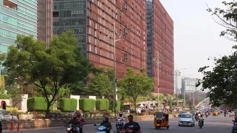 View of the Hitech City Main Road with vehicle traffic in Hyderabad. Stock Footage 286740051