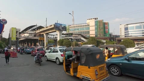 View of Hitech City Road and Raidurg metro station in Cybercity Stock Footage 314133586