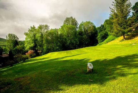 A view to hole 16 tee off and fairway at Loch Tay disc golf course Stock Photos