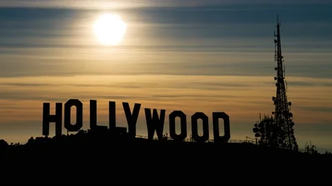 View of Hollywood Sig at Sunset, Time Lapse with Colorful Clouds Stock Footage 149253641