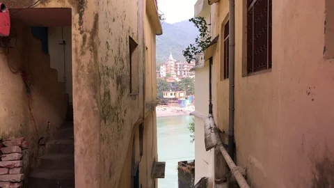 View of the Holy Ganges River from the holy city of Rishikesh Stock Footage 120269979
